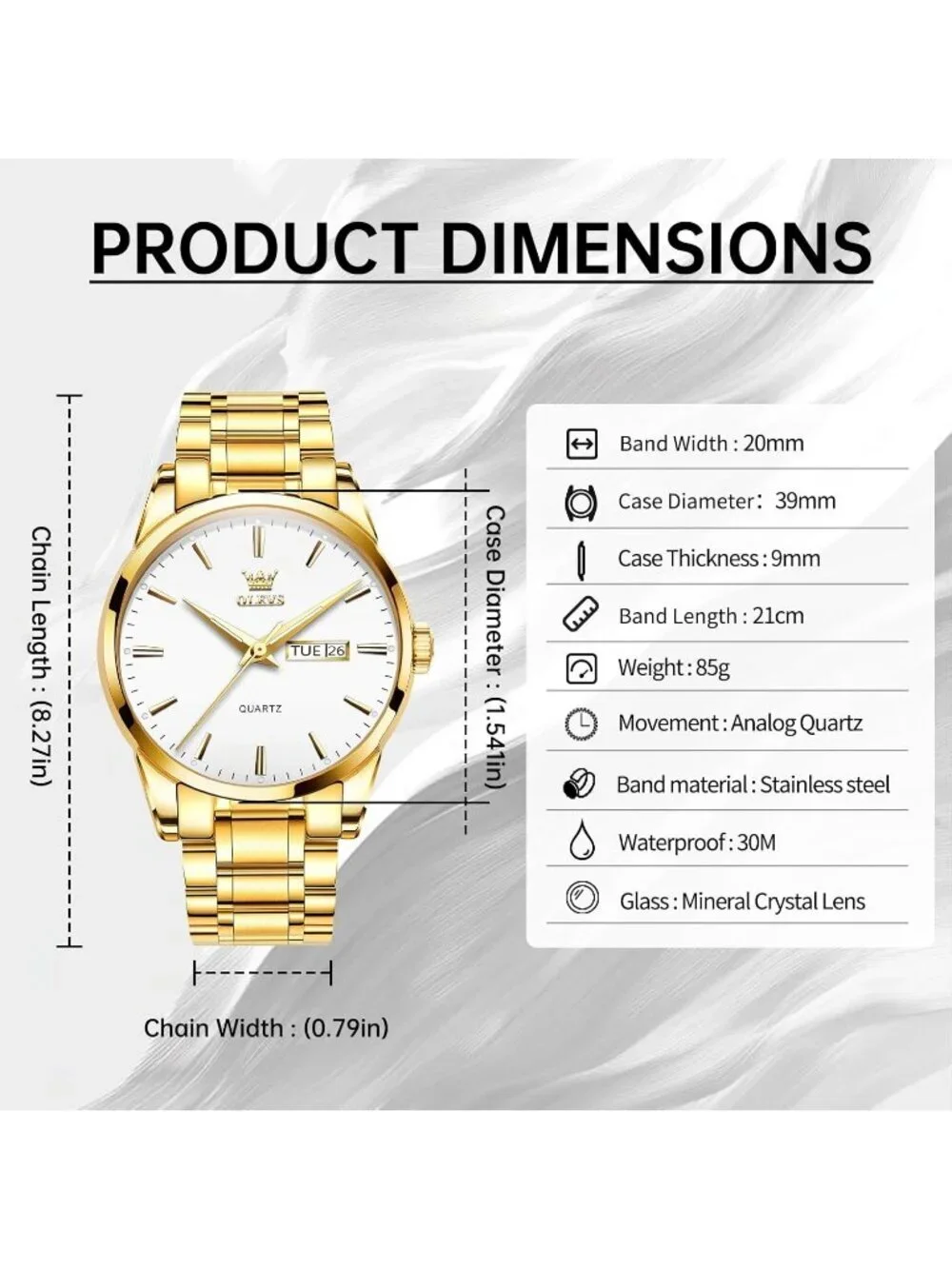 Men's Gold White Stainless Steel Luminous Quartz Waterproof Round Classic Watch